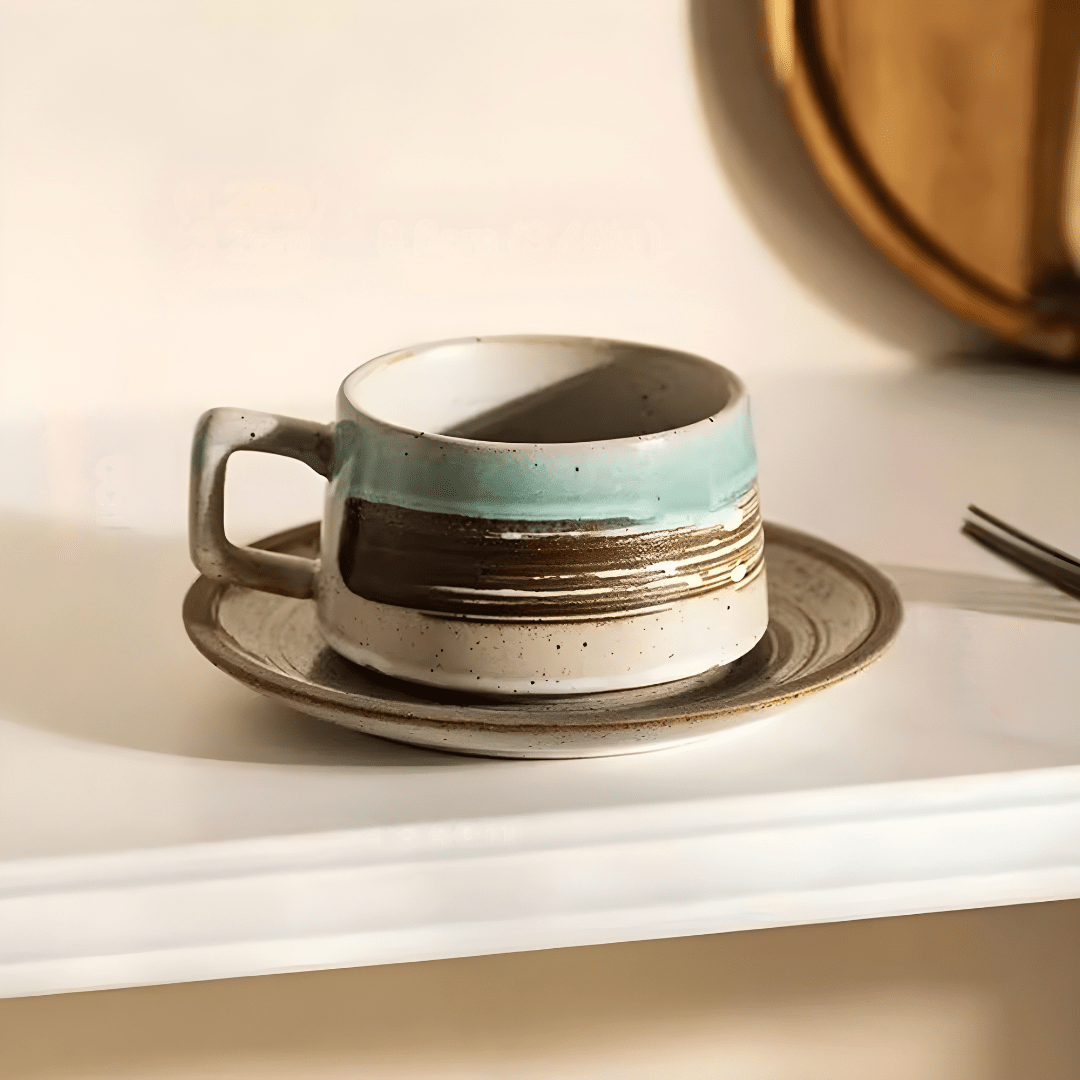 Retro Stoneware Coffee Cup & Saucer – Turquoise & Earth Brown Glaze 250ml