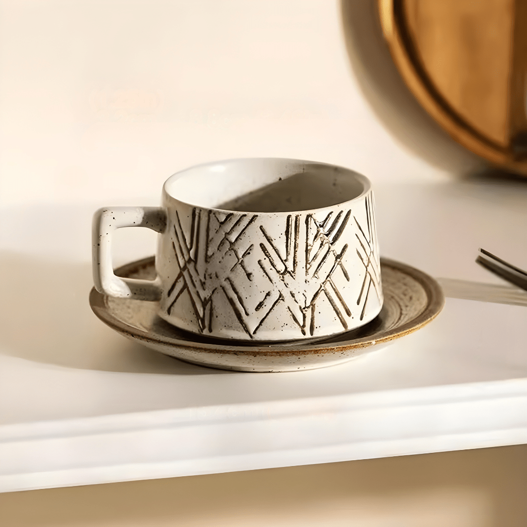 Retro Stoneware Coffee Cup & Saucer – Geometric Carve Pattern 250ml