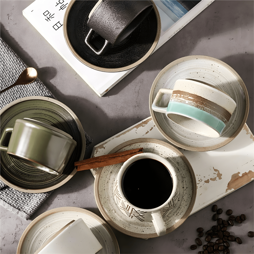 Retro Stoneware Ceramic Coffee Cup & Saucer Set – 250ml, Handcrafted Design