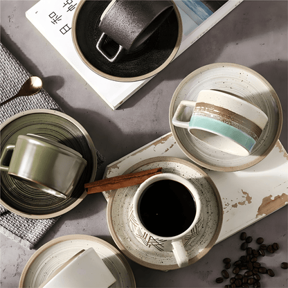 Retro Stoneware Ceramic Coffee Cup & Saucer Set – 250ml, Handcrafted Design