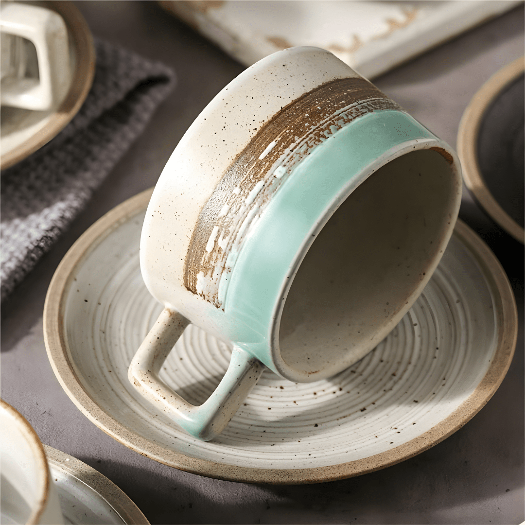 Close-Up Retro Stoneware Coffee Cup & Saucer – Turquoise & Earth Brown Design