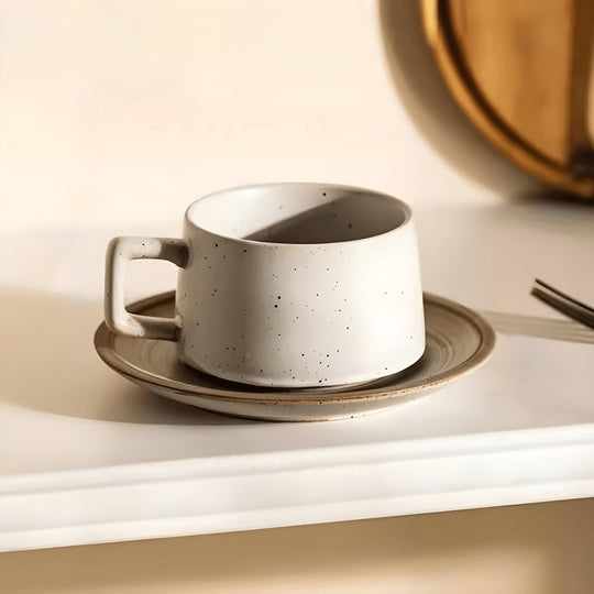 Retro Stoneware Coffee Cup & Saucer – Classic White Speckled 250ml