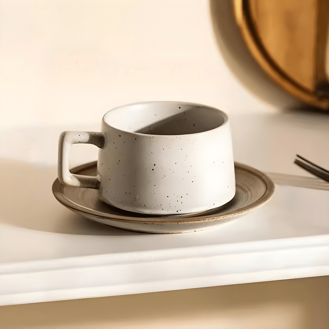 Retro Stoneware Coffee Cup & Saucer – Classic White Speckled 250ml