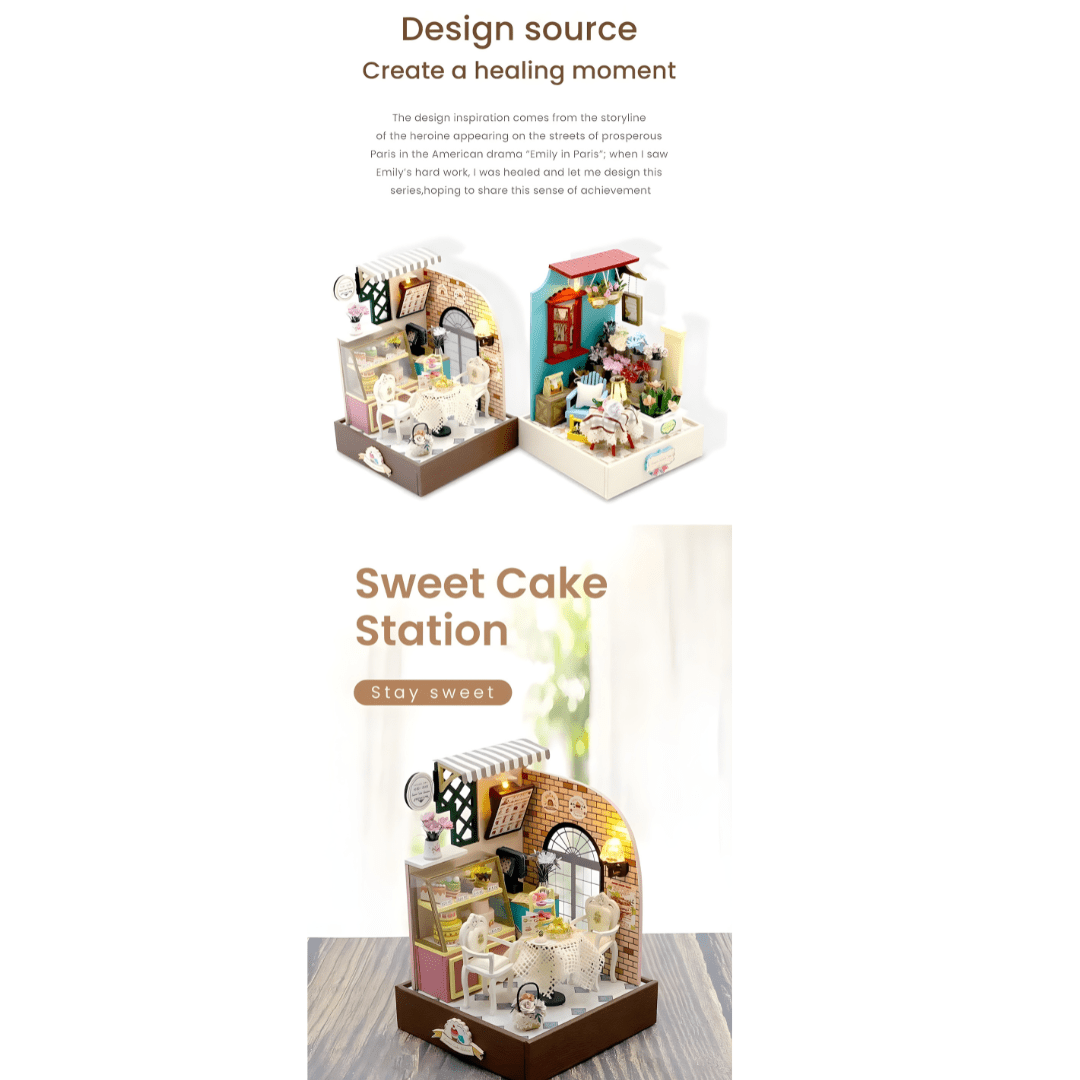 Dust-covered Sweet Cake Station miniature scene with cakes and décor