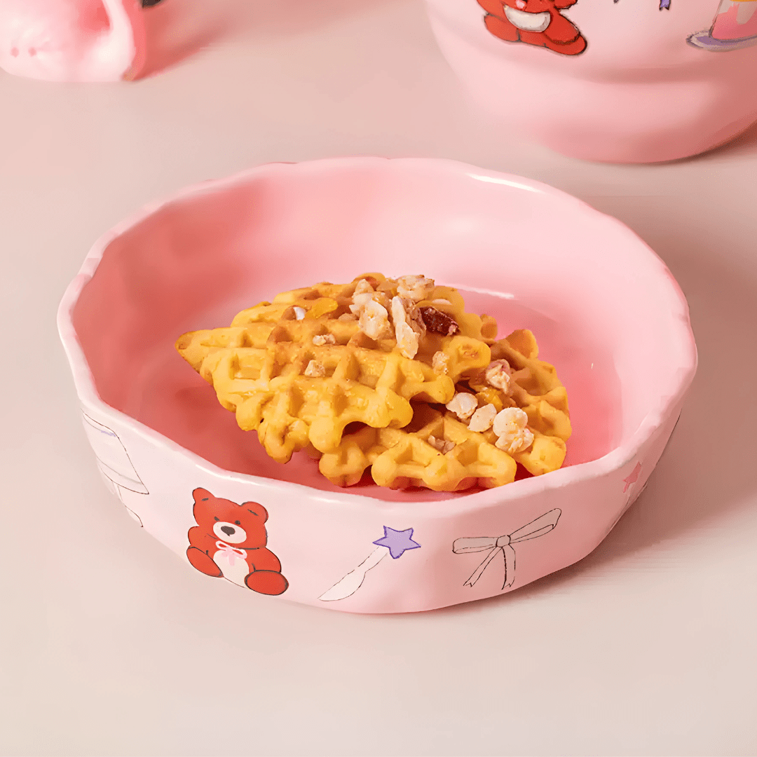 Premium pink ceramic bowl with waffle, strawberries, and berries – Beirut Lebanon