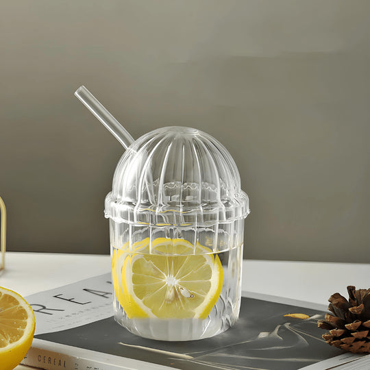 450ml ribbed glass mug with straw and lid – stylish tumbler for iced coffee, milk, juice, tea, smoothies, and beer.