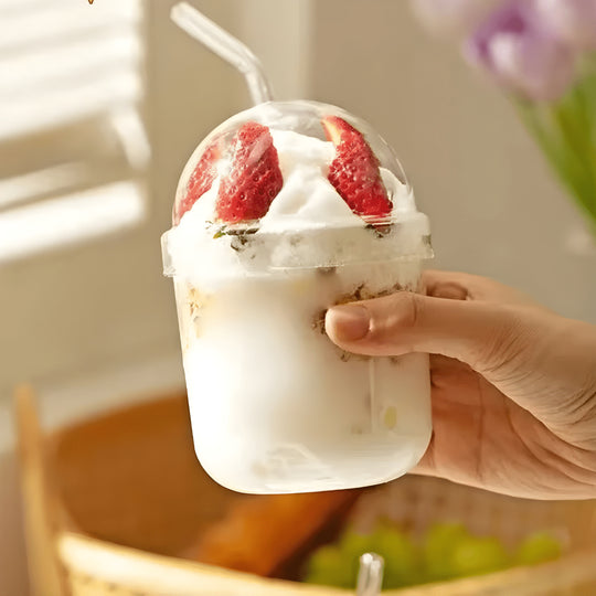 Premium borosilicate glass tumbler with straw and dome lid – reusable cup for juice, smoothies, cocktails, yogurt, milk, tea, and iced coffee.