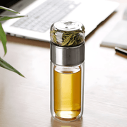 Double Wall Glass Tea Bottle 420ml with tea and water separation, leak-proof design, stainless steel filter, perfect for hot and cold drinks