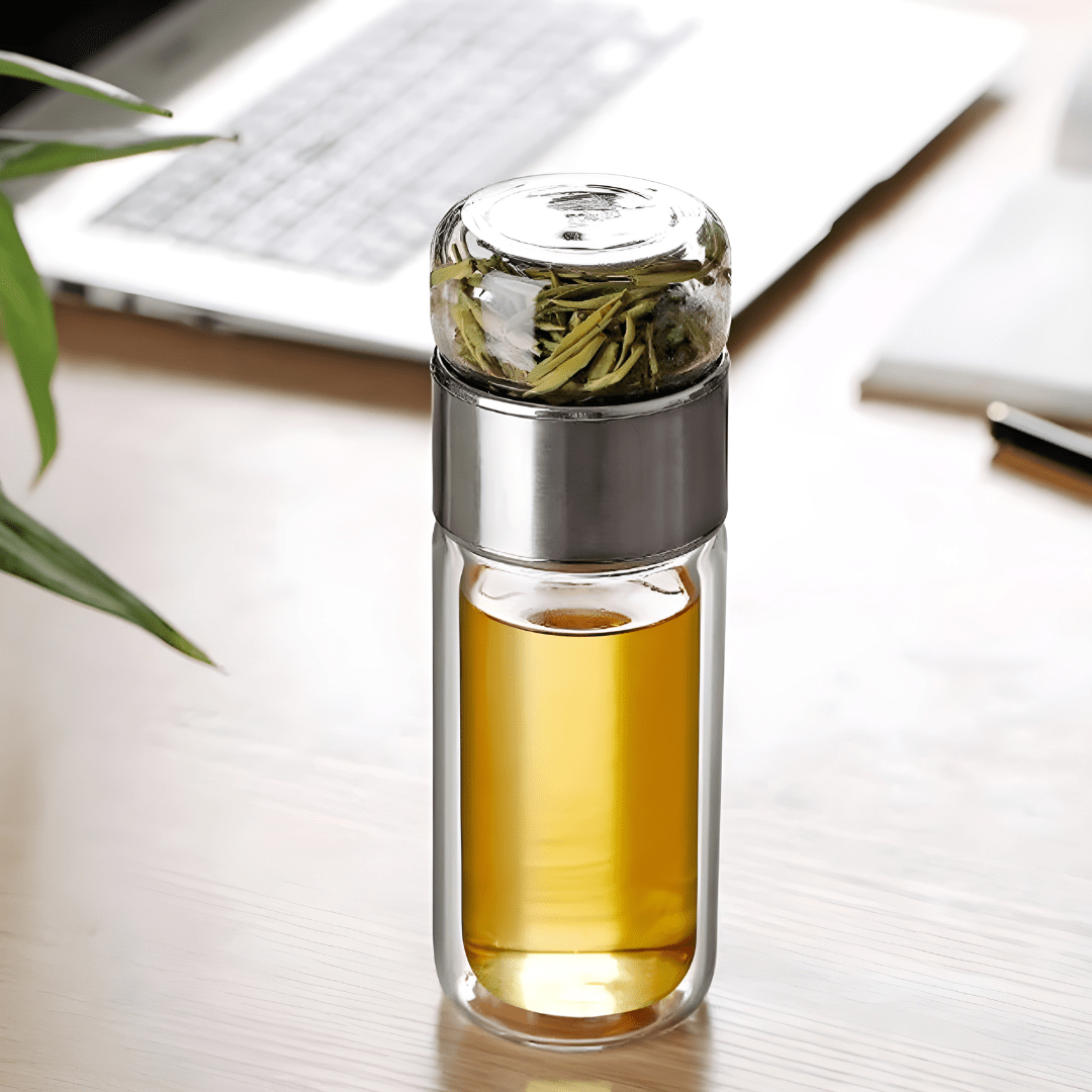 Double Wall Glass Tea Bottle 420ml with tea and water separation, leak-proof design, stainless steel filter, perfect for hot and cold drinks