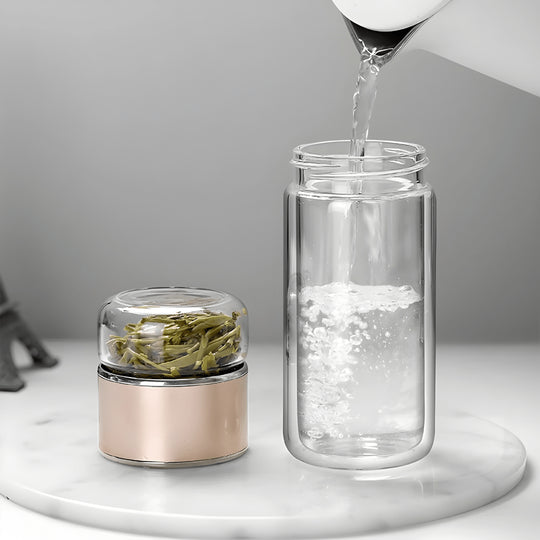 Double Wall Glass Tea Bottle 420ml with tea and water separation, leak-proof design, stainless steel filter, perfect for hot and cold drinks