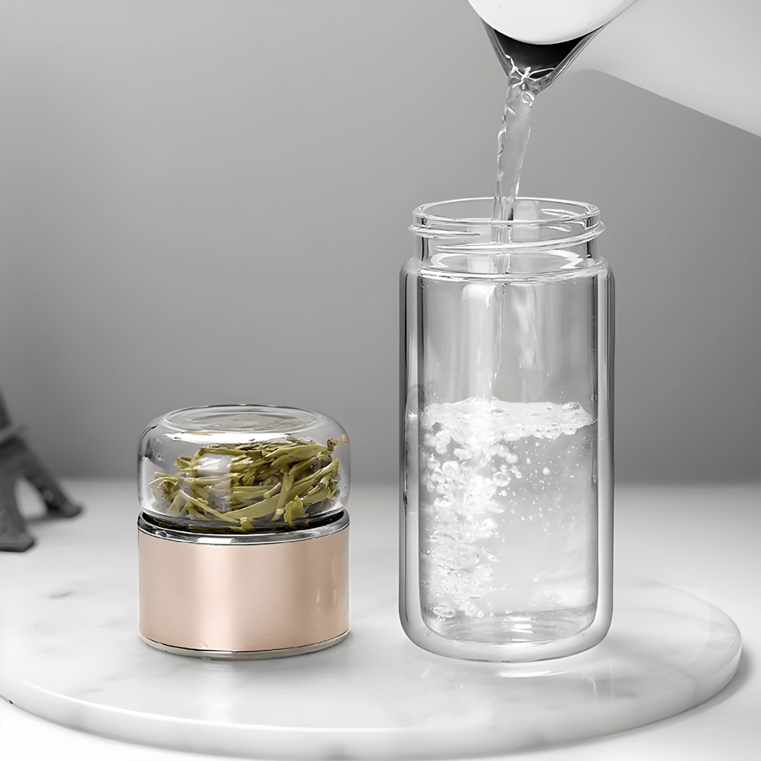 Double Wall Glass Tea Bottle 420ml with tea and water separation, leak-proof design, stainless steel filter, perfect for hot and cold drinks