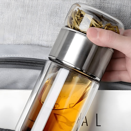 Double Wall Glass Tea Bottle 420ml with tea and water separation, leak-proof design, stainless steel filter, perfect for hot and cold drinks
