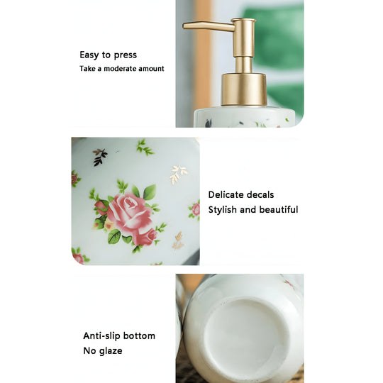 Retro white soap dispenser with golden pump and rose design – Beirut Lebanon