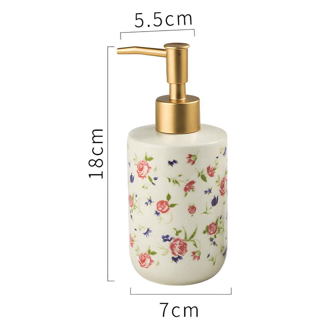 Retro white soap dispenser with golden pump and rose design – Beirut Lebanon