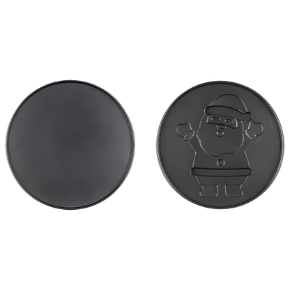 Interchangeable bases – plain and Santa Claus design for festive baking.