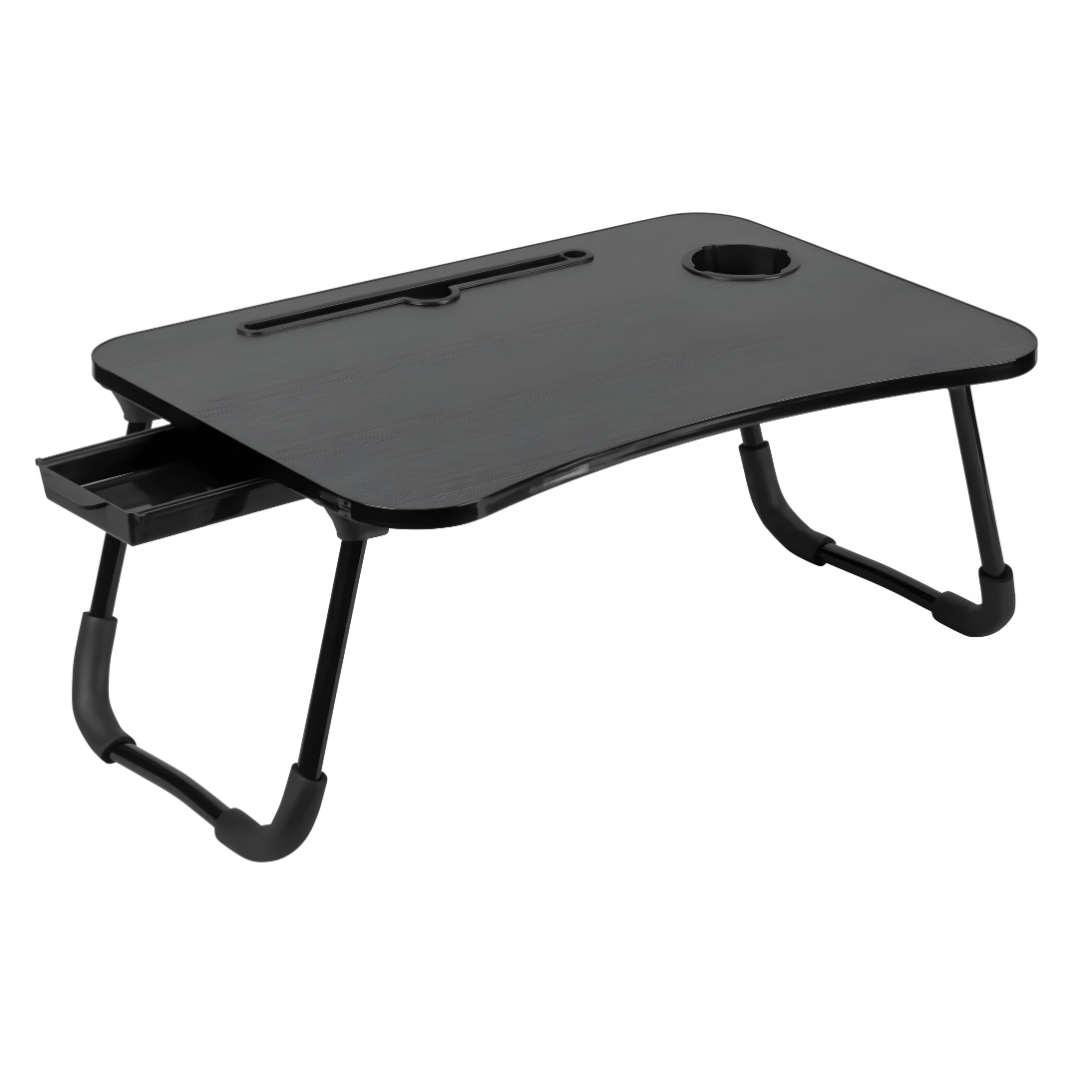 LIVARNO Home foldable laptop table in black with drawer, cup holder, and non-slip legs – compact and stable design.