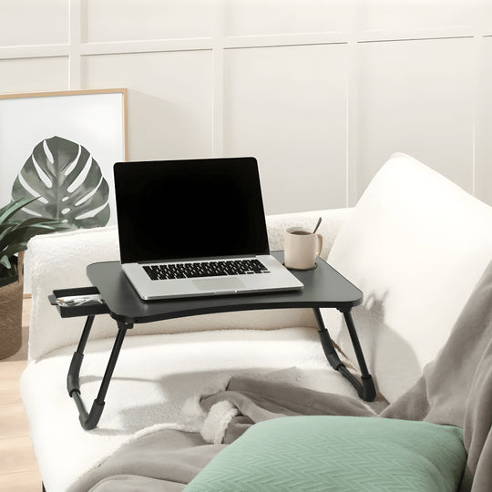 Foldable laptop table with cup holder, drawer, and phone slot – ideal for working, studying, or breakfast in bed