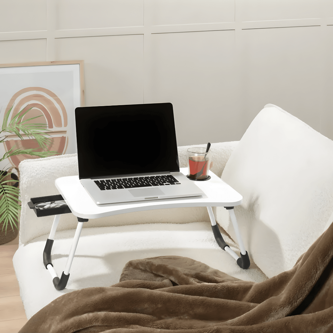 Foldable laptop table with cup holder, drawer, and phone slot – ideal for working, studying, or breakfast in bed