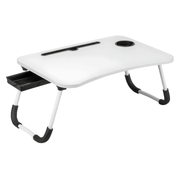 LIVARNO Home foldable laptop table in white with cup holder, drawer, and tablet slot – perfect for sofa, bed, or floor use.