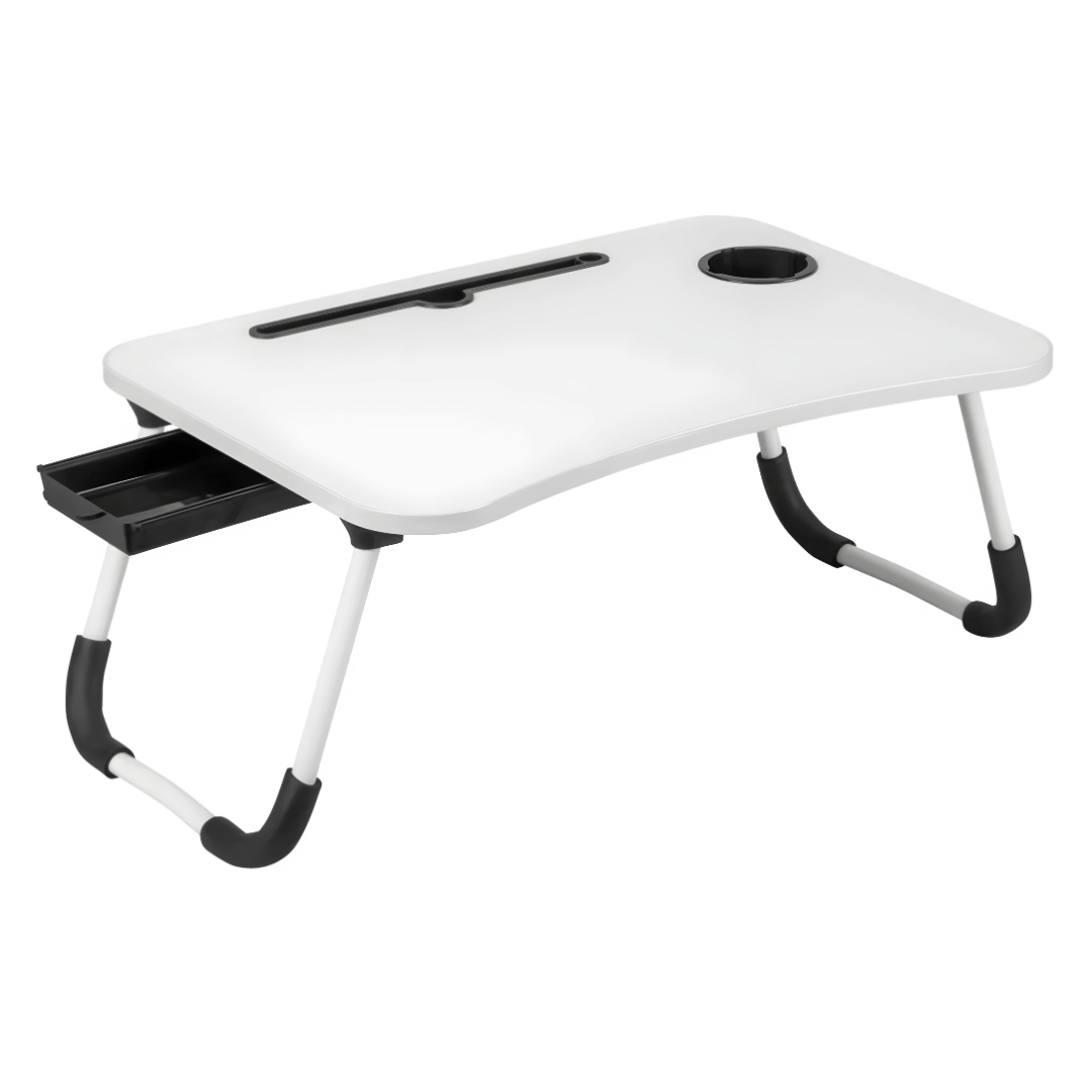LIVARNO Home foldable laptop table in white with cup holder, drawer, and tablet slot – perfect for sofa, bed, or floor use.