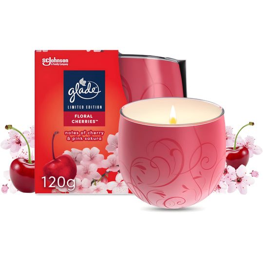Glade Premium Scented Candle Floral Cherries 120g Glass Cup UK Made