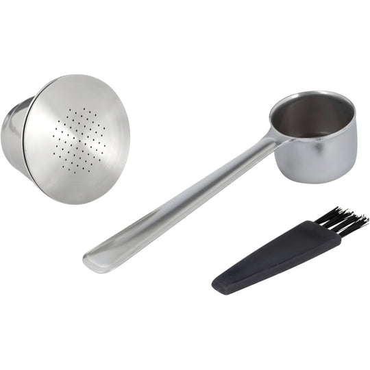 Ernesto reusable stainless steel coffee capsule set with spoon and brush, compatible with Nespresso machines, eco-friendly zero waste coffee solution in Lebanon.
