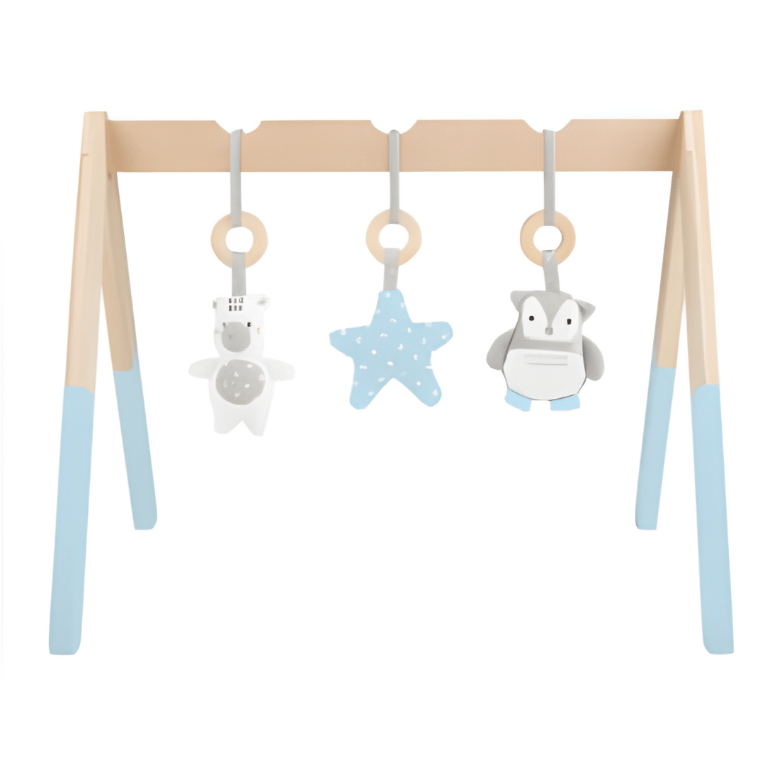 PLAYTIVE wooden baby play gym with plush hanging toys, sound effects, and real wood frame – safe developmental toy for infants in Lebanon.