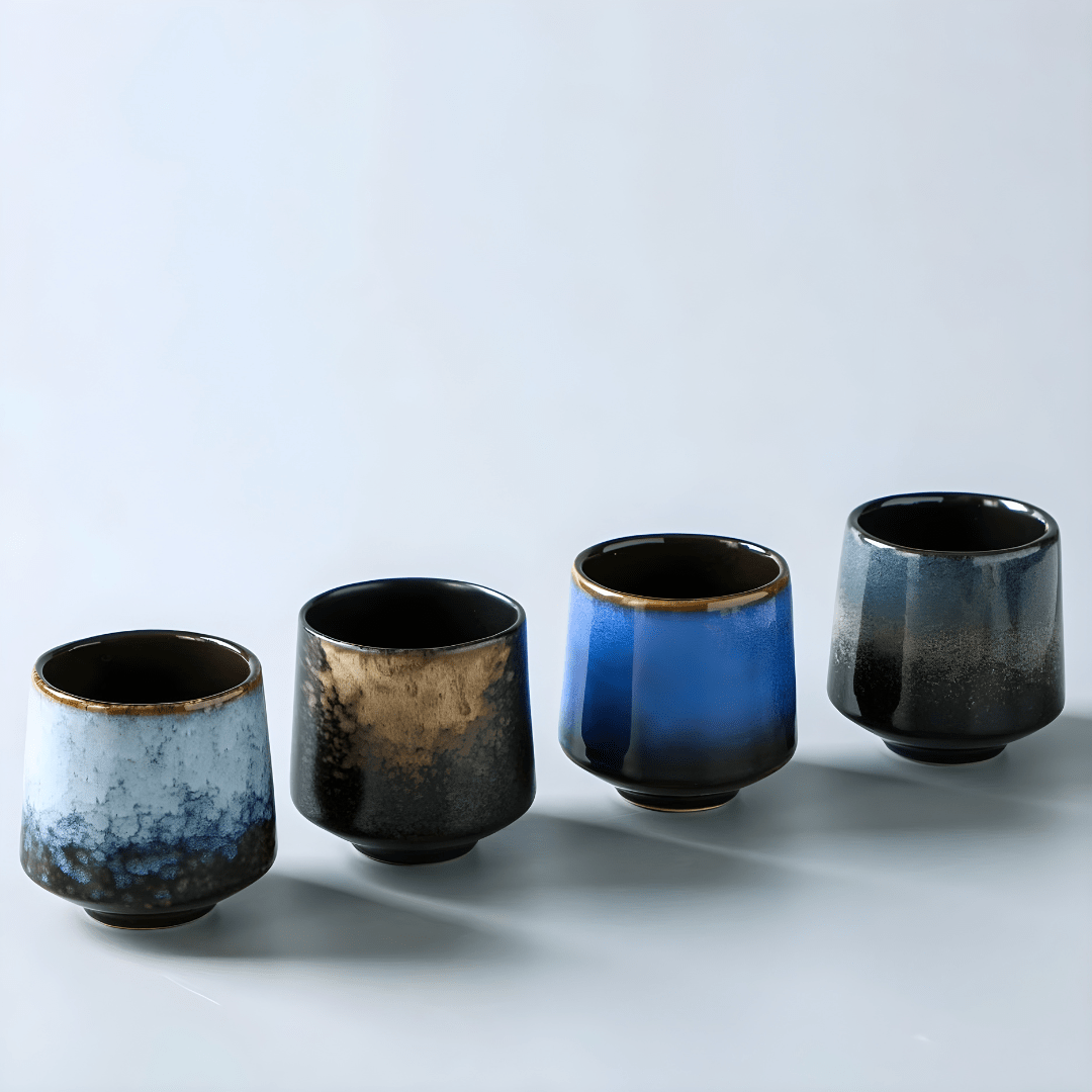 Japanese ceramic tea cups 200ml with unique reactive glaze, durable and safe for tea, coffee, or sake – available in Beirut Lebanon.