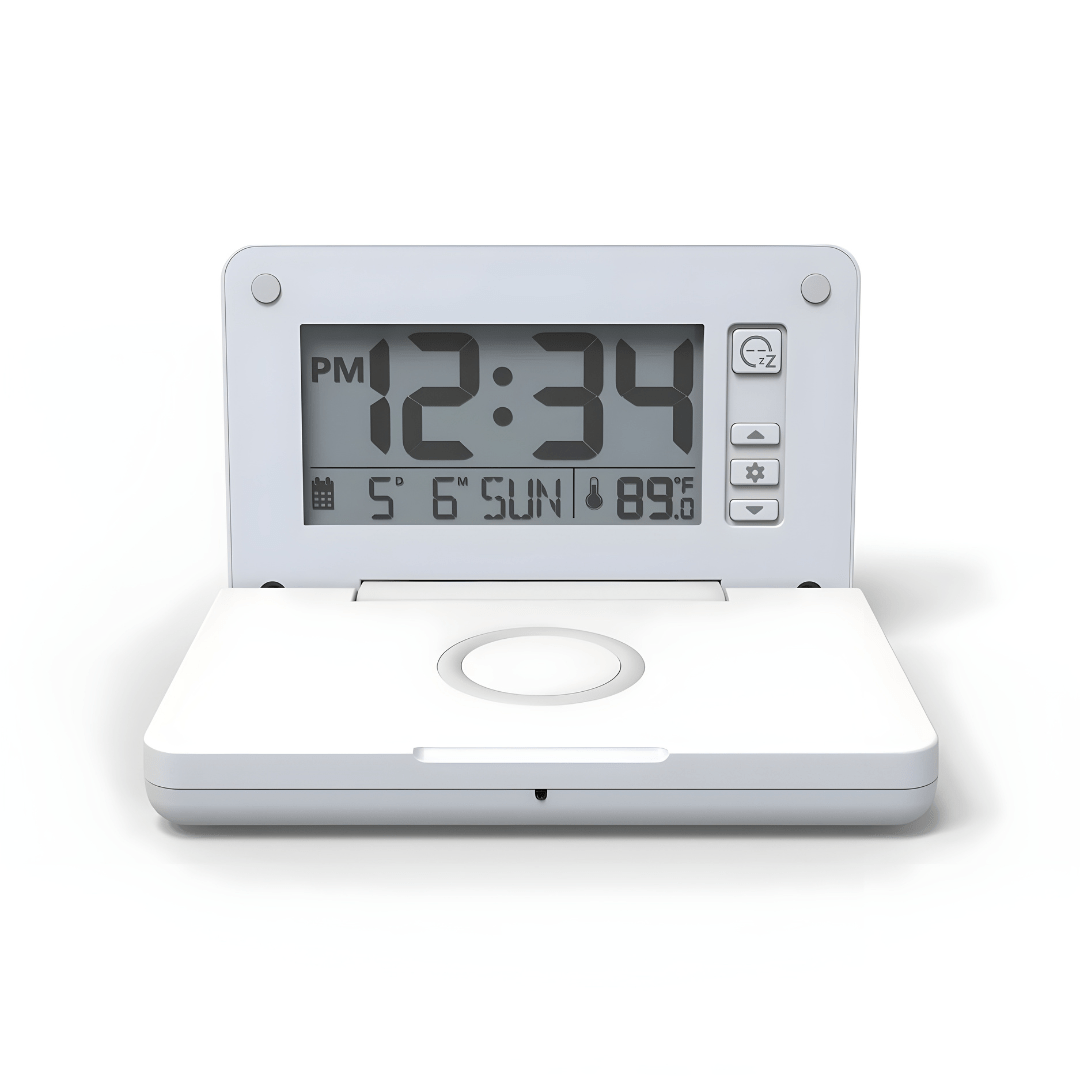 Digital alarm clock with Qi® wireless charging station, LCD display, snooze, USB output, 10W fast charge – available in Beirut Lebanon.