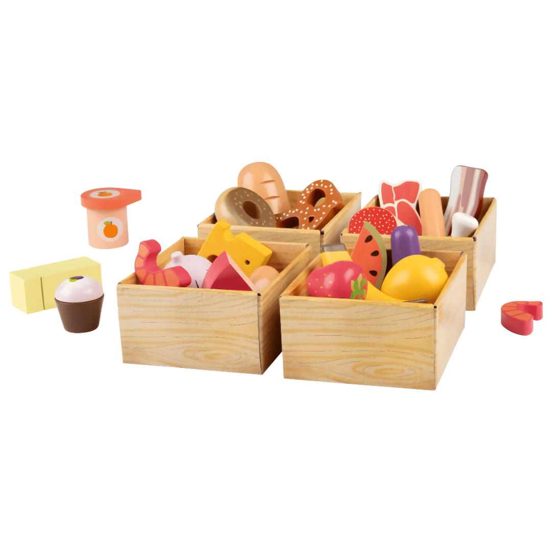 Playtive 29-piece wooden play food set with 4 crates of fruits, vegetables, meat, fish, and dairy items for children aged 2 years and up.