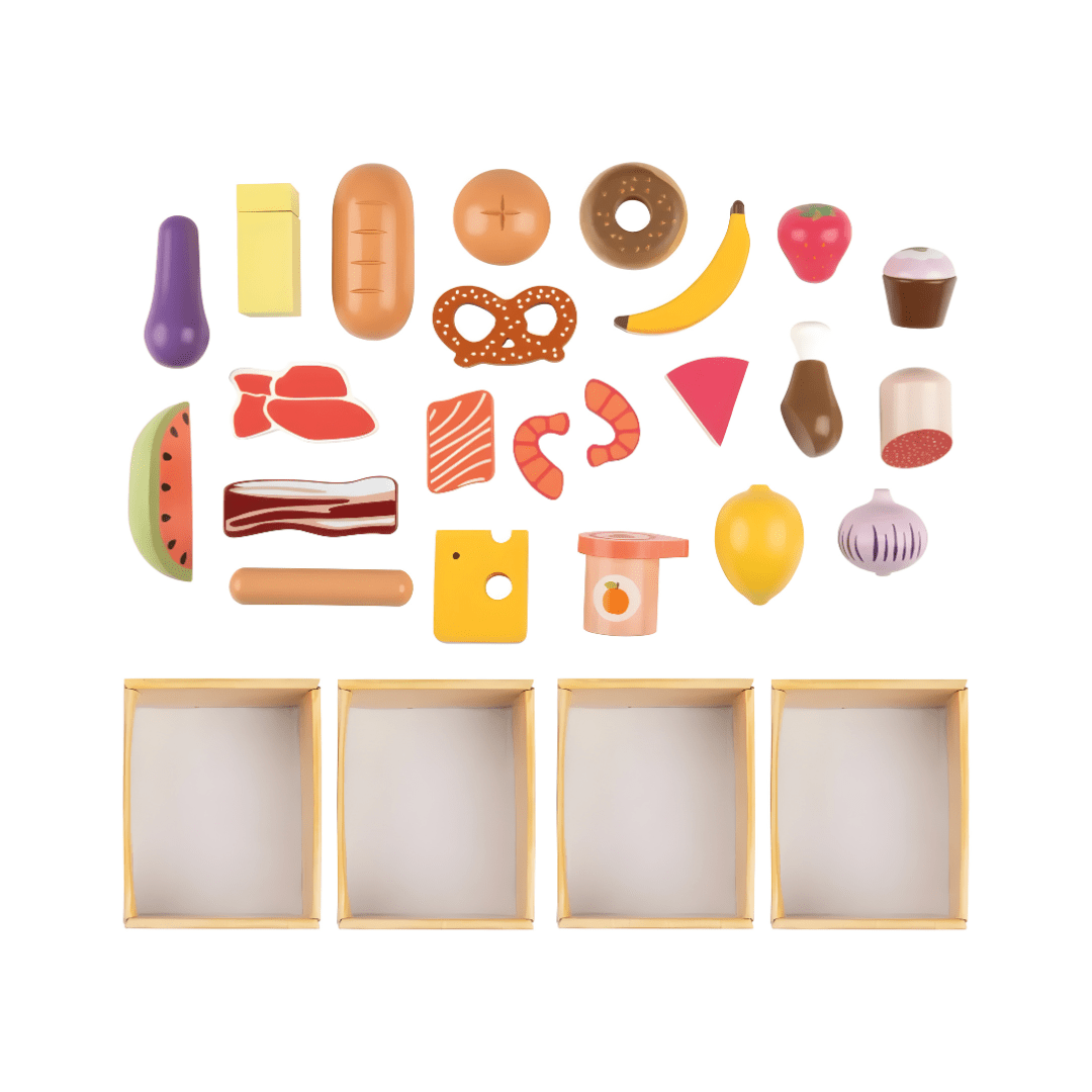 Playtive 29-piece wooden play food set with 4 crates of fruits, vegetables, meat, fish, and dairy items for children aged 2 years and up.