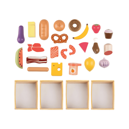 Playtive 29-piece wooden play food set with 4 crates of fruits, vegetables, meat, fish, and dairy items for children aged 2 years and up.