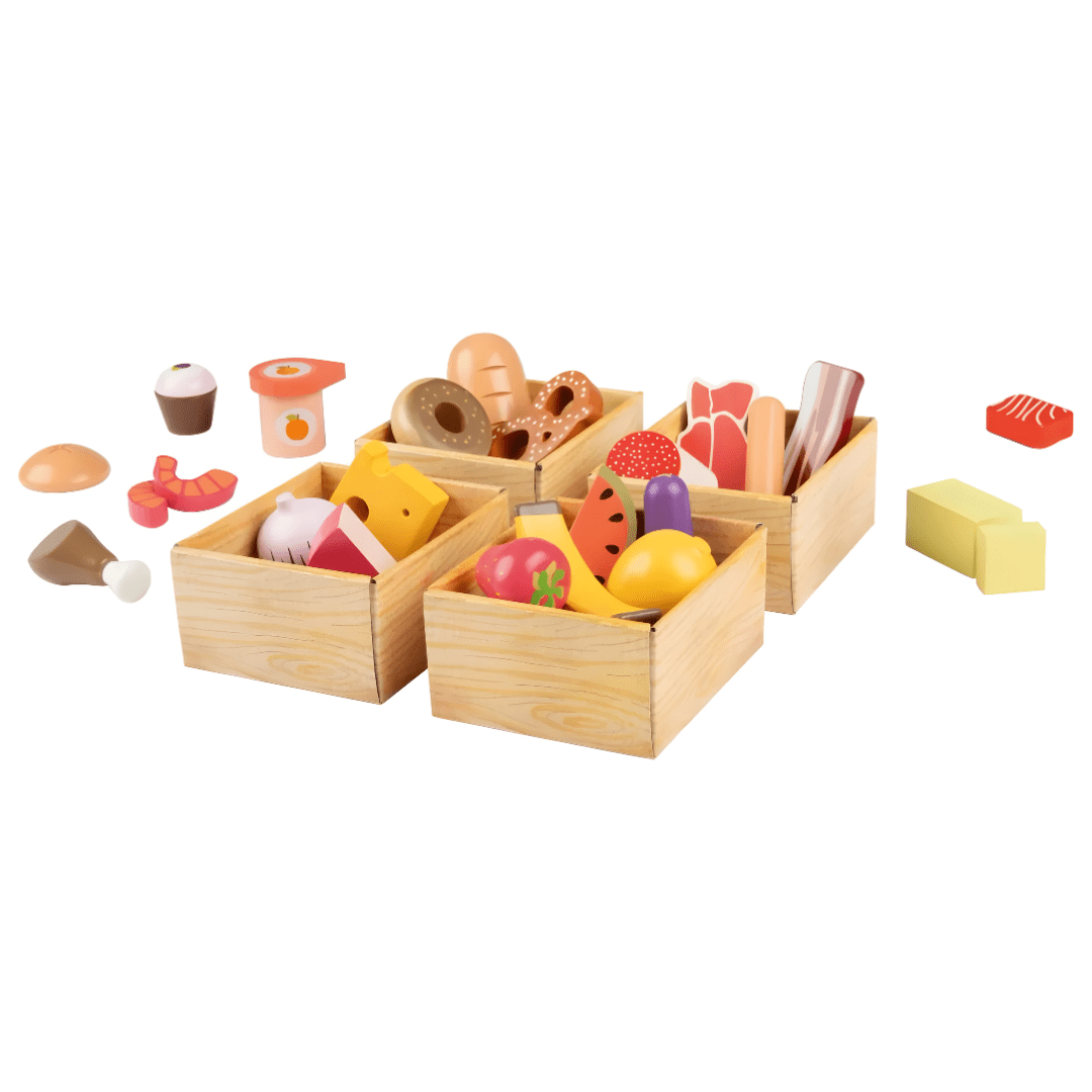 Playtive 29-piece wooden play food set with 4 crates of fruits, vegetables, meat, fish, and dairy items for children aged 2 years and up.