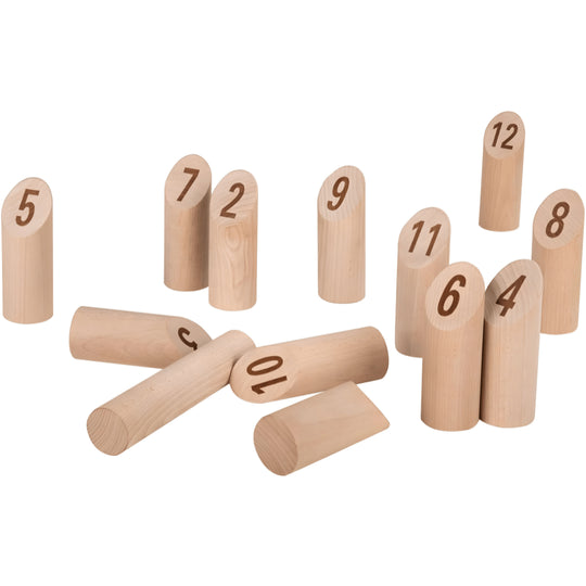 Playtive Viking Chess with Numbers, 13-piece wooden outdoor throwing game with numbered pins, cotton storage bag, and durable real wood design for kids 4+.