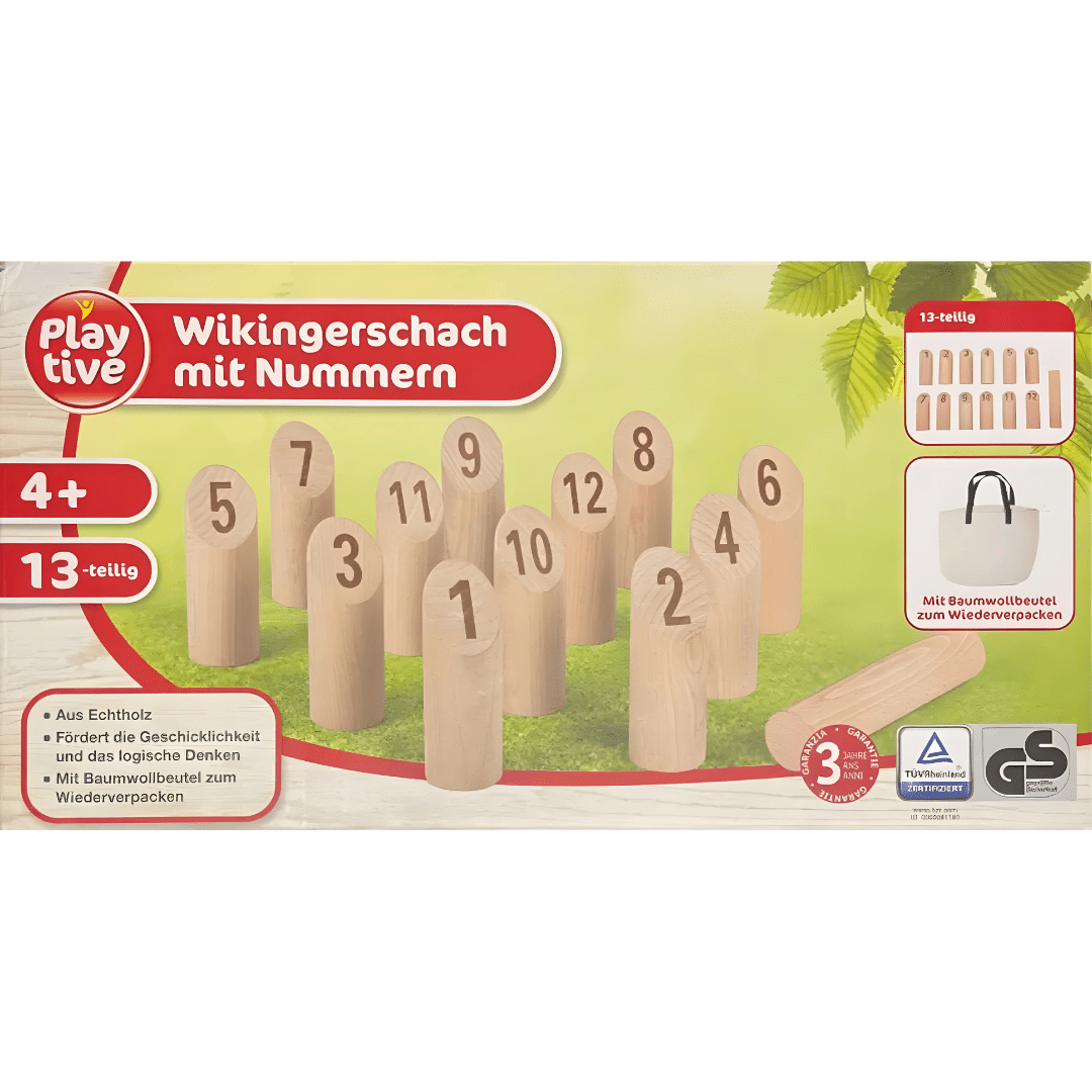 Playtive Viking Chess with Numbers, 13-piece wooden outdoor throwing game with numbered pins, cotton storage bag, and durable real wood design for kids 4+.