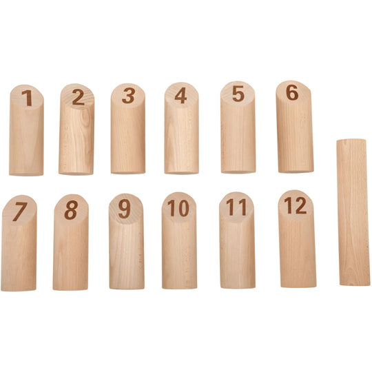 Playtive Viking Chess with Numbers, 13-piece wooden outdoor throwing game with numbered pins, cotton storage bag, and durable real wood design for kids 4+.