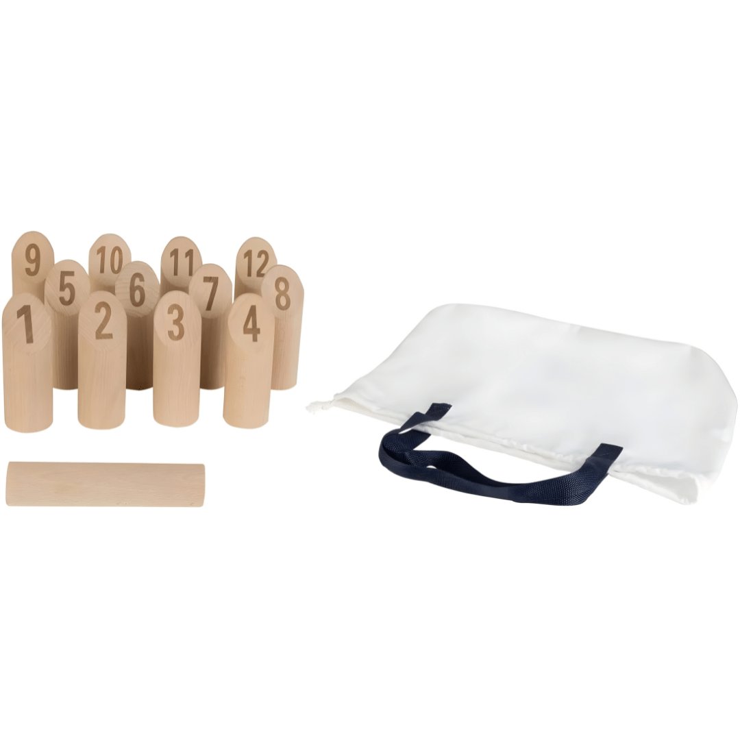 Playtive Viking Chess with Numbers, 13-piece wooden outdoor throwing game with numbered pins, cotton storage bag, and durable real wood design for kids 4+.