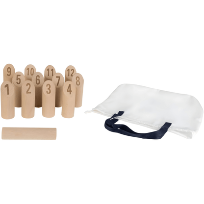 Playtive Viking Chess with Numbers, 13-piece wooden outdoor throwing game with numbered pins, cotton storage bag, and durable real wood design for kids 4+.