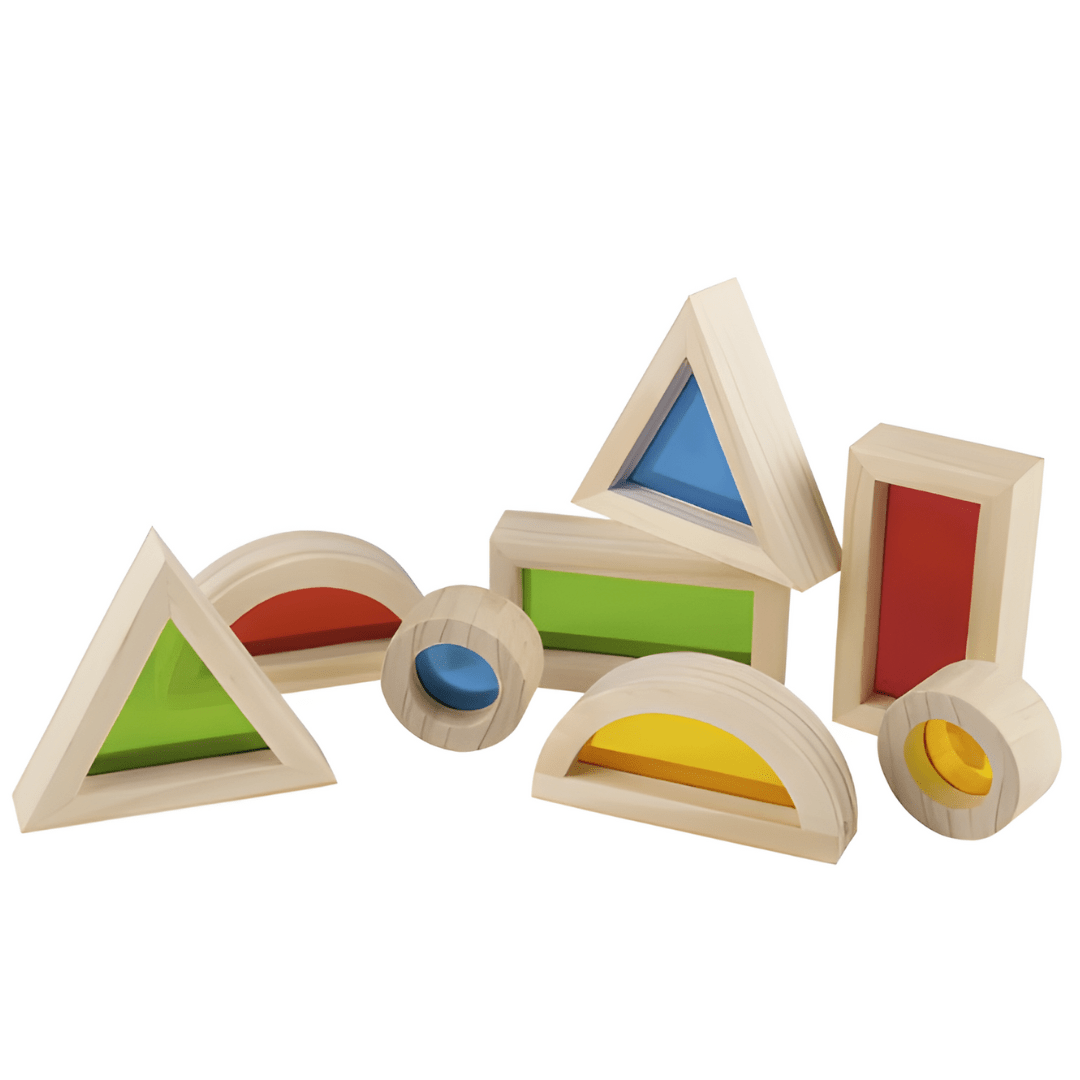 Playtive Montessori wooden window blocks, 8-piece educational toy with colorful transparent panels for toddlers aged 1 year and up to learn shapes and colors.