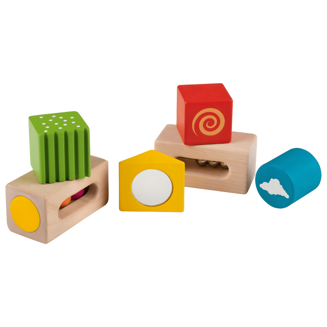 Wooden Montessori sensory blocks toy set of 6 colorful pieces with tactile, acoustic, and mirror elements, educational toy for children aged 3 years and up.