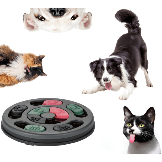 Zoofari pet intelligence toy for dogs and cats, round interactive game with sliding lids and compartments to train concentration, dexterity, and reward play.