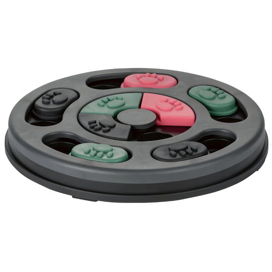 Zoofari pet intelligence toy for dogs and cats, round interactive game with sliding lids and compartments to train concentration, dexterity, and reward play.