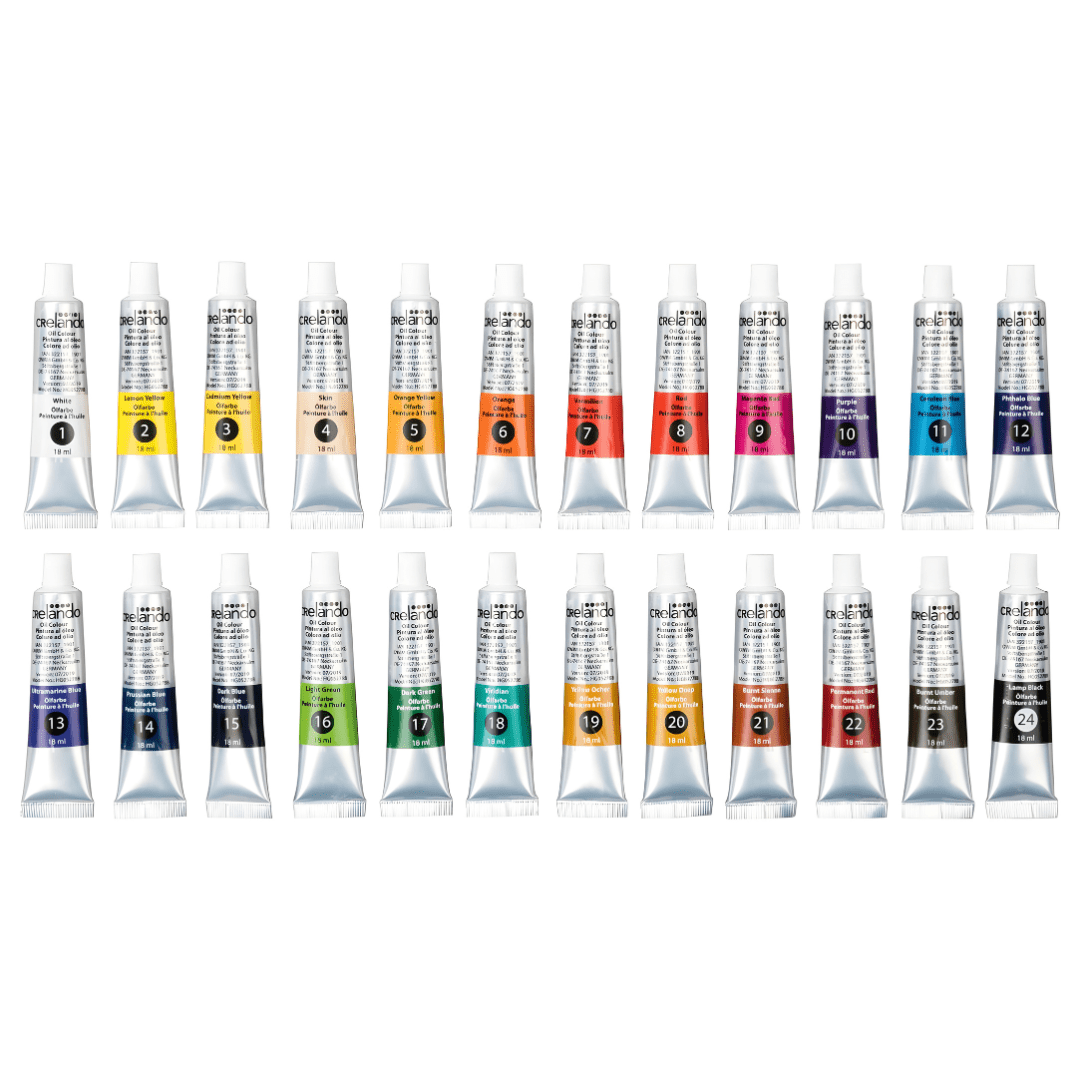 Crelando oil paint set with 24 tubes of 18ml colors, high-quality paints with excellent covering power for artists and beginners.