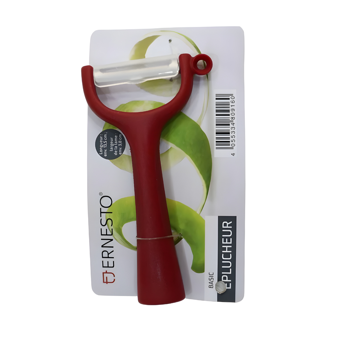 ERNESTO universal kitchen peeler with stainless steel movable blade and red ergonomic non-slip handle, suitable for right and left handed use.