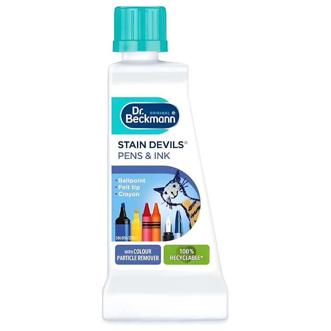 Dr. Beckmann Stain Devils Pen & Ink UK made 50ml bottle stain remover for ballpoint, felt tip, crayon, watercolor, marker, and adhesive stains.