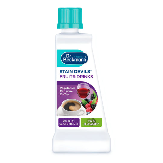 Dr. Beckmann Stain Devils Fruit & Drinks UK made bottle with Active Oxygen Booster, removes wine, coffee, juice, berries, and vegetable stains.