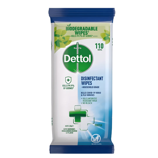 Dettol antibacterial disinfectant wipes 110 pack EU made biodegradable for cleaning kitchens, bathrooms, and surfaces in Beirut Lebanon.