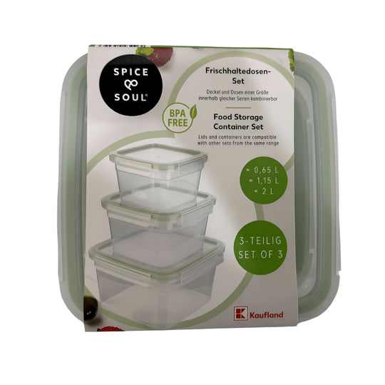 Spice & Soul BPA-free food storage container set of 3 (0.5 L, 1 L, 1.9 L) with airtight leak-proof lids, stackable and dishwasher safe.
