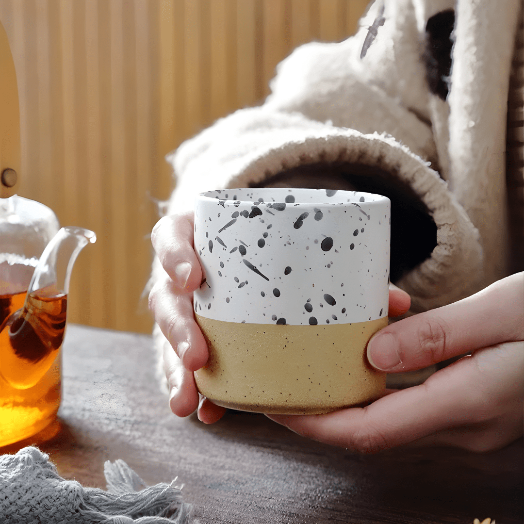 Retro style 200ml frosted stoneware tea cup with vintage speckled ceramic design – European House Hold Beirut
