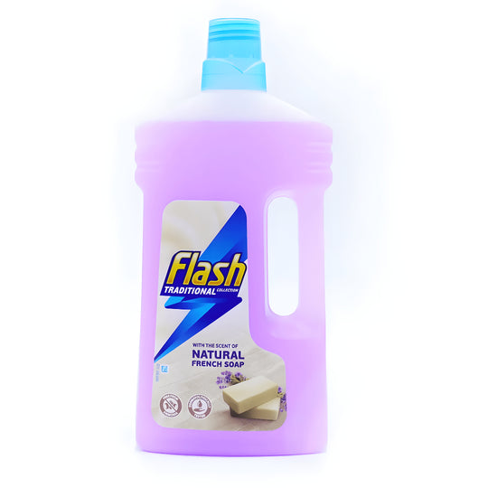 Flash All Purpose Floor Cleaner French Soap and Lavender Scent 1L bottle — UK-made liquid floor cleaner that removes dirt and grease and leaves a fresh lavender fragrance.